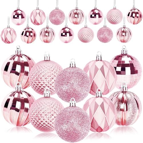 JULMELON 24PCS Pink Christmas Ball Ornaments, 60mm Shatterproof Tree Decor | Plastic, Xmas Tree Decorations, Wedding, Mothers Day Party, Assorted Style Decor, Large 2.4 in - Image 1