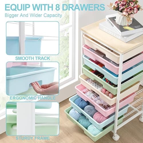 SYKIARIOL Rolling Storage Cart with Drawers,Utility Cart With 8 Drawers and Wooden Tabletop,Rolling Drawer Cart,Storage Drawer Cart for Living Room,Classroom,Bedroom,Bathroom,Dorm,Office,Rainbow thumbnail 3