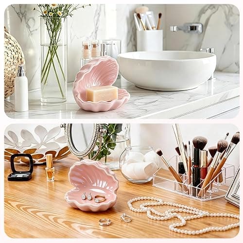 Pink Shell Ring Holder for Jewelry, Coastal Chic Organizer, Pink Home Decor | Vanity Organizer Aesthetic Nightstand Bathroom Pink Room Decor, Mother's Day Friendship Christmas Birthday Gifts for Women thumbnail 5