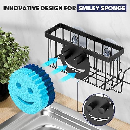 MURLONG Sponge Holder for Kitchen Sink,Sink Caddy Smiley Face,4-in-1 Sponge Holder with Suction Cups & 1 PCS Adhesive Strips for Holding Soap,Brush,Scrubber,Sponge,Stopper-Black thumbnail 4