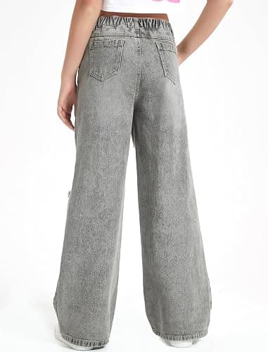 EXARUS Girls Jeans Wide Leg Pants Baggy Denim Ripped High Waisted with Pockets Teen Casual 6-14Y thumbnail 5