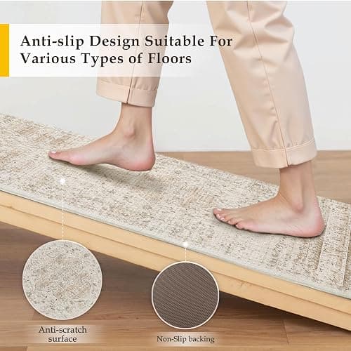 WondRg Vintage Kitchen Mats for Floor Anti Fatigue Waterproof Kitchen Rugs Sets of 2 Beige Cushioned Non-Slip Kitchen Mats Comfort Standing Mat for Sink Laundry Office 17.3"×47"+17.3"×30" thumbnail 4