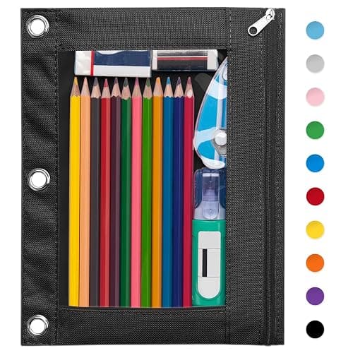 Forvencer Pencil Pouch for 3 Ring Binder, Large Pencil Case Pouch with 3 Reinforced Grommets, Pen Bag, Clear Window Pencil Case, Binder Accessories, Black - Image 1
