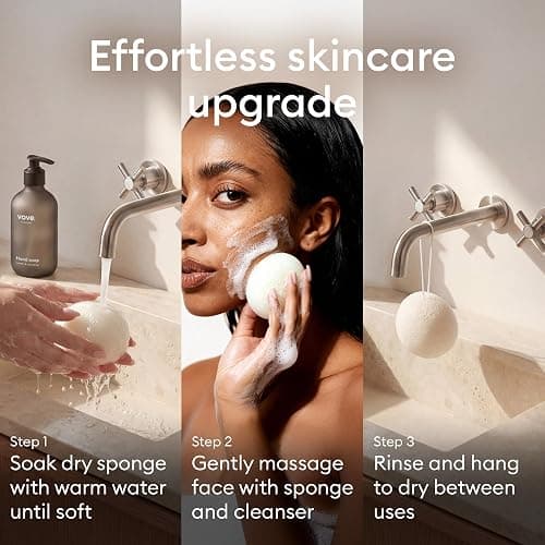 Vove Organic Konjac Facial Sponges 3-Pack - Natural Face Exfoliating Sponges with Bamboo Charcoal & Green Clay, Gentle Cleansing for All Skin Types, Natural Vegan Skincare, Certified Organic thumbnail 7