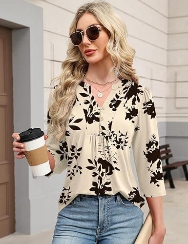 IECCP 3/4 Length Sleeve Womens Tops Dressy Casual Henley V-Neck Summer Tops Pleated T-Shirts Loose Fit Work Blouses thumbnail 4