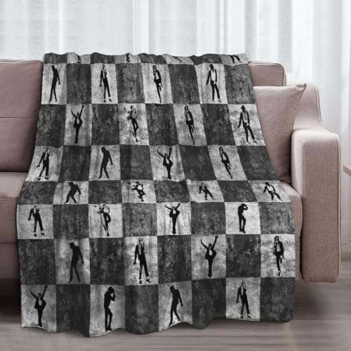 Black and White Checkered Hip Hop Dancer Throw Blanket, Funny Silhouette Dance Moves Pattern (80"x60") - Image 1