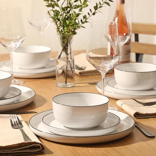 Gibson Home Oslo 12-Piece Porcelain Dinnerware Set – Dinner Plates, Salad Plates & Bowls, Classic White With Black Rim Everyday Dish Set for Home, Kitchen, Microwave & Dishwasher Safe thumbnail 5