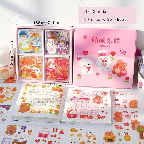 Cute Cartoon Bunny Bear Stickers, EAMOTOL 100 Sheets Kawaii Animals Transparent PET Scrapbooking Clipping Supplies Decals for Journaling Planners Collage Junk Journal Bullet Album Calendar Phone Case thumbnail 2