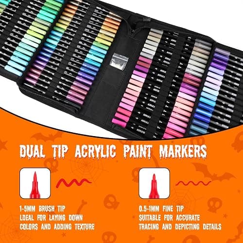 120 Colors Acrylic Paint Markers, Dual Tip Fine and Brush Tips Pens Contain 24 Metallic Color for Stone, Wood, Calligraphy, Canvas, Ceramic, Metal, Glass, Rock Painting, DIY Crafts Art Supplies Kit thumbnail 3