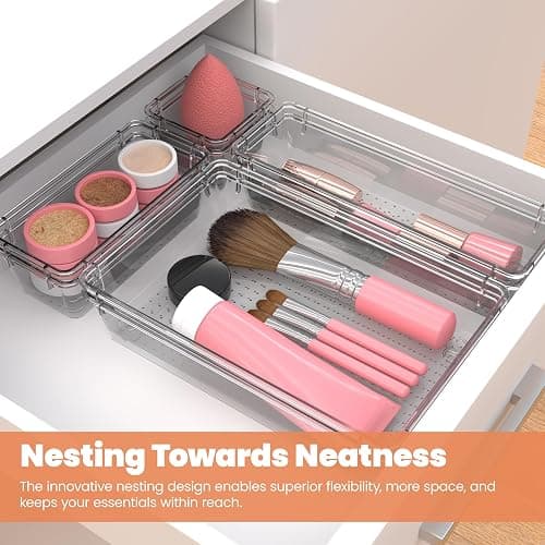 KICHLY 25 Pack Clear Plastic Desk Supplies Organizer, 4 Sizes Desk Drawer Organizer for Office Supplies, Vanity Organizers, Makeup, Gadgets, & Jewelry Storage Bins thumbnail 7