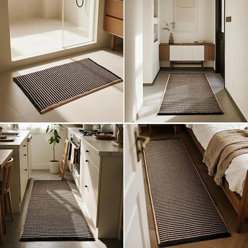 Triohero Waffle Bath Mat, Boho Bathroom Rugs Non Slip Washable, Ultra Soft Super Absorbent Quick Dry Farmhouse Bathroom Decor, 24" x 48", Black & Khaki thumbnail 8