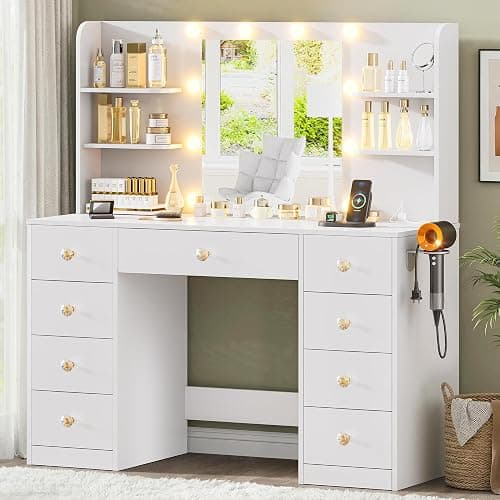 White Vanity Desk With Mirror and LED Lights, 3 Colors Adjustable, Large Makeup Vanity Desk with Power Strip and Hairdryer Holder, 9 Drawers & 6 Shelves Modern Dressing Table for Women, Bedroom - Image 1
