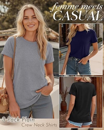 Huukeay 3 Pack Cotton Women's Short Sleeve T Shirts | Basic Tees, Cotton T Shirts, Short Sleeve, Crew Neck, Loose Fit Casual, Soft, Plain, Stretch, Summer, Everyday Wear, Workout thumbnail 4