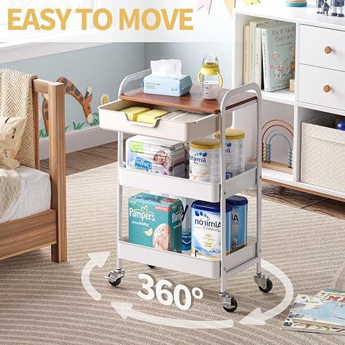 TOOLF 3 Tier Rolling Cart with Drawer, Metal Utility Storage Cart, White | Wooden Tabletop, Lockable Metal Wheels, Trolley Organizer for Bathroom, Kitchen, Office, Nursery, Dorm, Laundry, Craft Room thumbnail 4