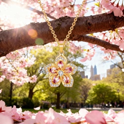 Spinning Necklace Women Gold Plated Flower Pink Crystal Pendant Necklace thumbnail 4
