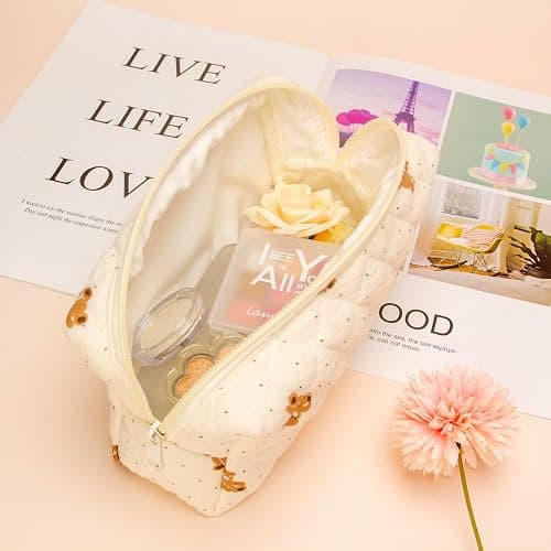 PAZIMIIK Vintage Quilted Makeup Bag Cosmetic Pouch for Brushes Pencils and Travel Make Up Accessories for Women and Girls Bear Beige thumbnail 3