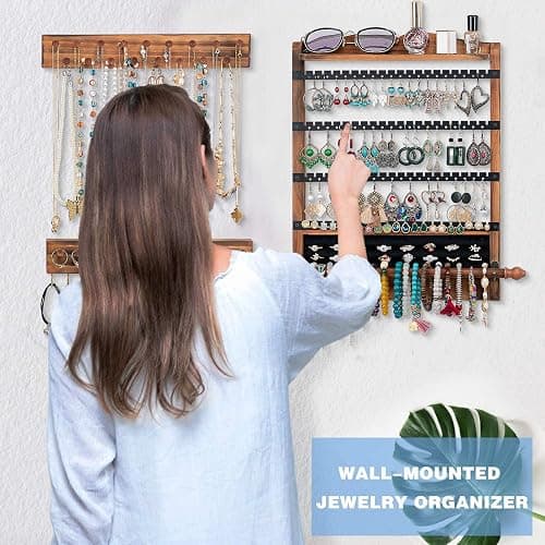 QILICHZ 3Pcs Jewelry Organizers and Storage,Wood Earring Organizer,Hanging Jewelry Organizer,Rustic Wall Jewellery Organizer,Wall Mounted Earring Holder for Storage Display Gift (Brown+Black) thumbnail 4