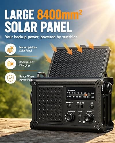 Emergency Radio, 12000mAh Solar Hand Crank NOAA Weather Radio, Black | Hand Crank Radio, 8500mm² Solar Panel, AM/FM/WB, 5W Flashlight, Reading Light, SOS for Outages, Camping & Survival thumbnail 4