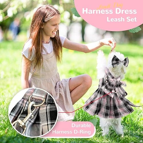 PETCARE Cute Dog Dress Clothes for Small Dogs Cats Girl Female Pink Plaid Bow Tie Dog Harness Dresses Leash Set with Pearls Bow Accessories Birthday Puppy Dress Shih Tzu Yorkies Chihuahua Outfits thumbnail 4