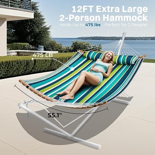SUPERJARE Curved-Bar Hammock with Stand, 2 Person Heavy Duty Hammock Frame, Detachable Pillow & Portable Carrying Bag, Perfect for Outdoor & Indoor, Blue-Green Stripe thumbnail 4