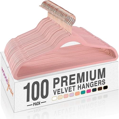 HOUSE DAY Pink Velvet Hangers 100 Pack, Premium Non-Slip Felt Clothes Hangers, Sturdy Heavy Duty Coat, Durable Hanger for Suits, Space Saving with No Hanger Mark, 360° Swivel Rotating Rose Gold Hook - Image 1