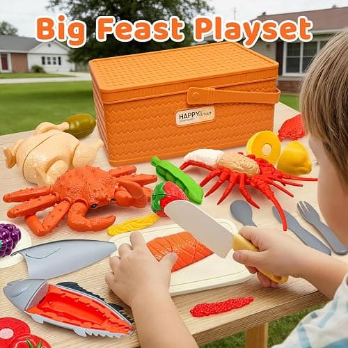 22pcs Montessori Play Seafood Cut Toys Set for Kids Play Kitchen | Kitchen Playset with Toy Food & Fake Fruit, Kitchen Set for Kids &Cutting Set, Kitchen Toys for Boys Girls Ages 3 4 5 thumbnail 3