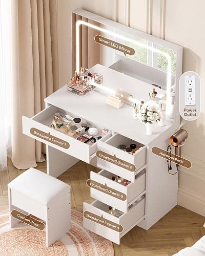 LIVELYGLOW Makeup Vanity Desk with Charging Station & LED Mirror – 35.4" Vanity Set with 4 Drawers, 3 Lighting Modes – Modern Bedroom Furniture (15.7" D x 35.4" W x 53.9" H), White thumbnail 4