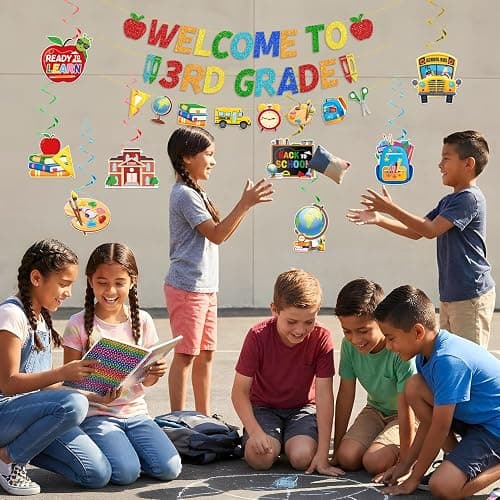 Welcome to 3rd Grade Banner Glitter First Day of 3rd Grade Banner | Back to School 3rd Grade Classroom Decor, Included 1 Garland and 16 Hanging Swirls, Pre-Strung Banner, Easy to Hang thumbnail 6