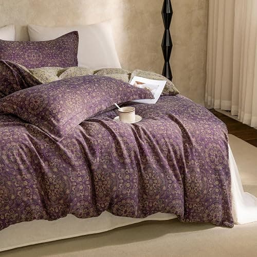 mixinni Purple Green Floral Duvet Cover King Size, Elegant Double-Layer Yarn Premium Cotton Vintage Duvet Cover Set, Exquisite Jacquard Design Bedding Set with 2 Pillowcases Perfect for Him and Her thumbnail 4