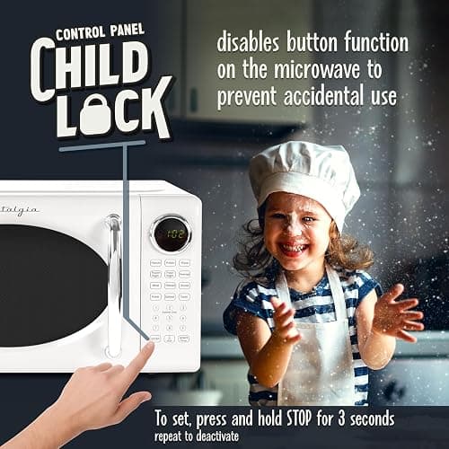 Nostalgia Retro Microwave Oven - 0.7 Cu Ft, 700-Watt Countertop Size with Glass Turntable, Child Safety Lock, 8 Auto-Cook Programs, Digital Clock - White thumbnail 5
