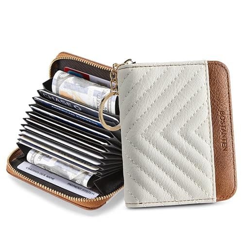 BOSTANTEN Credit Card Holder Wallet RFID Blocking Leather Small Wallet for Women Zipper Keychain Wallet with Wristlet Beige＆Brown thumbnail 7