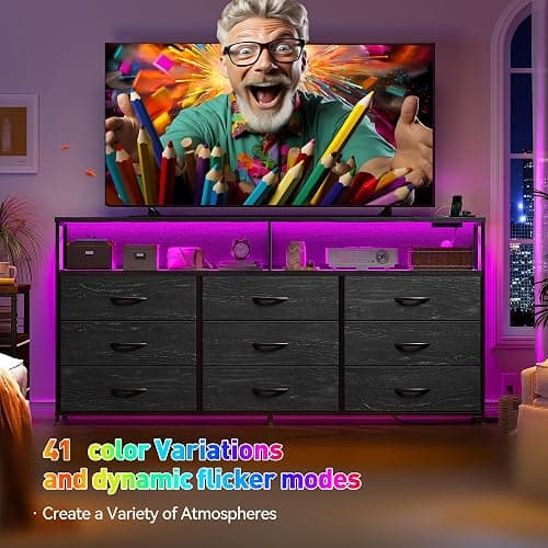 55” W Black Dresser for Bedroom with Charging Station & LED Light, 65/55/50 Inch TV Stand with 9 Fabric Drawers, Sturdy Chest of Drawers with 2 Wooden Open Shelves for Bedroom, Dorm, Living Room thumbnail 6