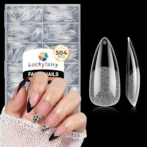 Long Almond Nail Tips: 504pcs Full Cover Soft Gel Nail Tips, 12 Sizes Pre-Etched Half Matte Almond Press on Nails No C Curve For Nail Extensions Home Salon - Image 1