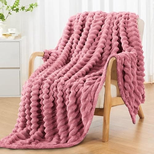 RUIKASI Fleece Throw Blanket for Sofa - Single Fluffy Pink Throws for Sofas Large, Soft Warm Blanket Throw for Couch, Luxury Decorative Ribbed Bed Blanket 130x150cm thumbnail 2