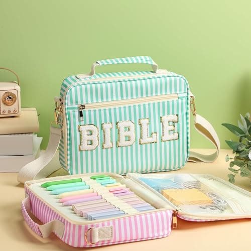 Dansydaisy Bible Cover Case for Women Large Chenille Letter Stripe Church Bible Bag with Shoulder Strap for Women(Green) thumbnail 2