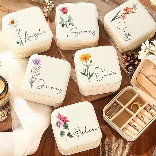 DayOfShe Personalized Travel Jewelry Box with Name and Birth Flower,Stocking Stuffers for Women Girls,Custom Small Travel Jewelry Case Bridesmaid Proposal Gifts thumbnail 5