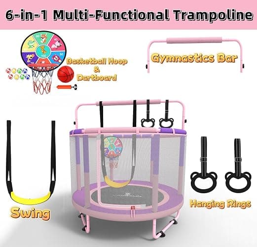 LANGXUN 60" Trampoline for Kids, 5ft Toddler Mini 6-in-1 Trampoline Indoor Outdoor with Swing, Basketball Hoop, Dart Board, Gymnastics Bar, Rings, Christmas Toys Birthday Gifts for Girls Boys Age 1-8 thumbnail 2