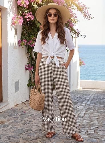 EVALESS Womens Gingham Pants High Waist Wide Leg Lounge Pants | Lightweight Comfy Fabric, Elastic Waist Side Pockets, Summer to Fall Travel Outfits thumbnail 6
