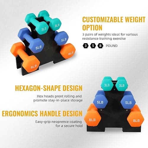 Fitvids Colored Neoprene Dumbbell Set with Rack, Multiple Weight Options, 20LBS, 32LBS, 50LBS and 56LBS Sets thumbnail 3