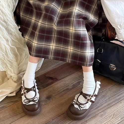 Frauen Lolita Schuhe Absatz Mary Jane Spitze Pumps mit Schleife Kawaii Nette Cosplay Keil Stiefel Cross Strap Block Heel Süße Art thumbnail 3