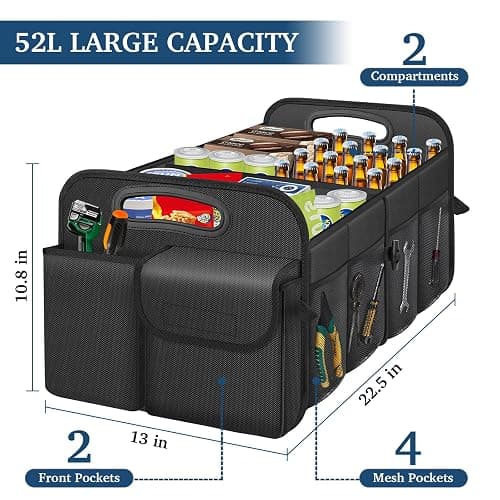 Femuar Car Trunk Organizer-Collapsible Car Storage for Suv/Jeep/Sedan | Large Capacity Waterproof Car Organization, Car Accessories for Women & Men, Tools, 600D Oxford,Black,2 Compartments thumbnail 3