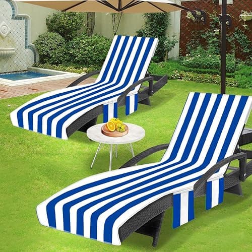 Ruikyhom Lounge Chair Towel Cover, Beach Chair Covers (Pack of 2), Chaise Lounge Cover with 3 Pockets for Pool Beach Garden Courtyard Outdoor Trips, 85 x30 in, Striped Dark Blue thumbnail 7