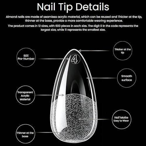 Yabonica Medium Almond Nail Tips 600pcs 12 Sizes Pre-Etched Soft Gel Tips | Half Matte Full Cover Press on False Nail Tips Acrylic Nails DIY Extension Gift for Women Home Salon Beginner thumbnail 3