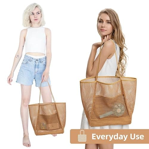 KALIDI BeachNylon Mesh Tote Bag, Casual Tote Bag Hobo Women Foldable MAX 23L Shoulder Bag For Beach Picnic Vacation thumbnail 9