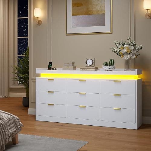 knoworld 9 Drawer Dresser for Bedroom, White Dresser with LED Lights and Power Outlet, Large Wooden Dressers Modern Chest of Drawers, Triple Wide 9 Drawer Dressers for Bedroom, Entryway, Hallway thumbnail 8