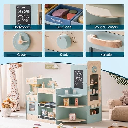 ROBUD Grocery Store Playset, Kids Play Store, Wooden Supermarket Playset with Cash Register, Chalkboard, Vending Machine, Coffee Machine, Oven, Play Food Accessories, Gift for Boys Girls 3+ thumbnail 5