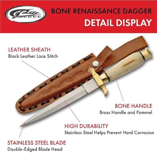 SZCO Supplies 12.5-Inch Renaissance Dagger with Genuine Bone Handle, Stainless Steel Blade, Brass Guard, and Leather Sheath thumbnail 2