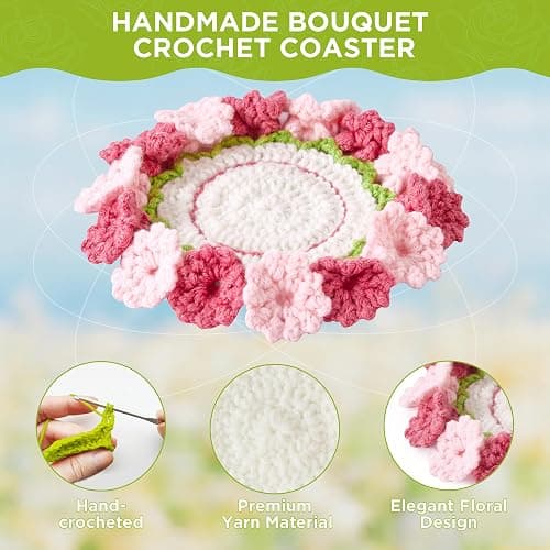 Crochet Flower Coasters, Handmade Bouquet Coasters with Crochet Plant Pot (Blush Pink, 1Pc) thumbnail 5