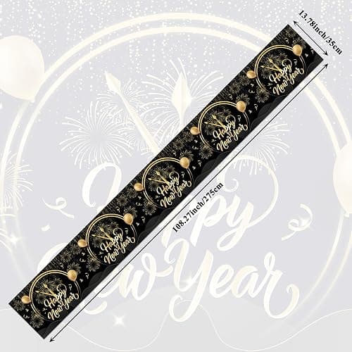 6 Pcs Plastic Happy New Year 2026 Table Runners - 14" x 108" Fireworks Balloon Christmas Winter Party Decoration - Black Gold Stars Clock Disposable Table Runner for Happy New Year Winter Table Decor thumbnail 3