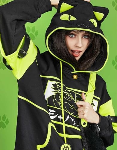 Micotaku Women's Miraculous Cat Noir Pullover Hoodie Detachable Furry Cat Paw Gloves Handbag Hooded Sweatshirt thumbnail 8